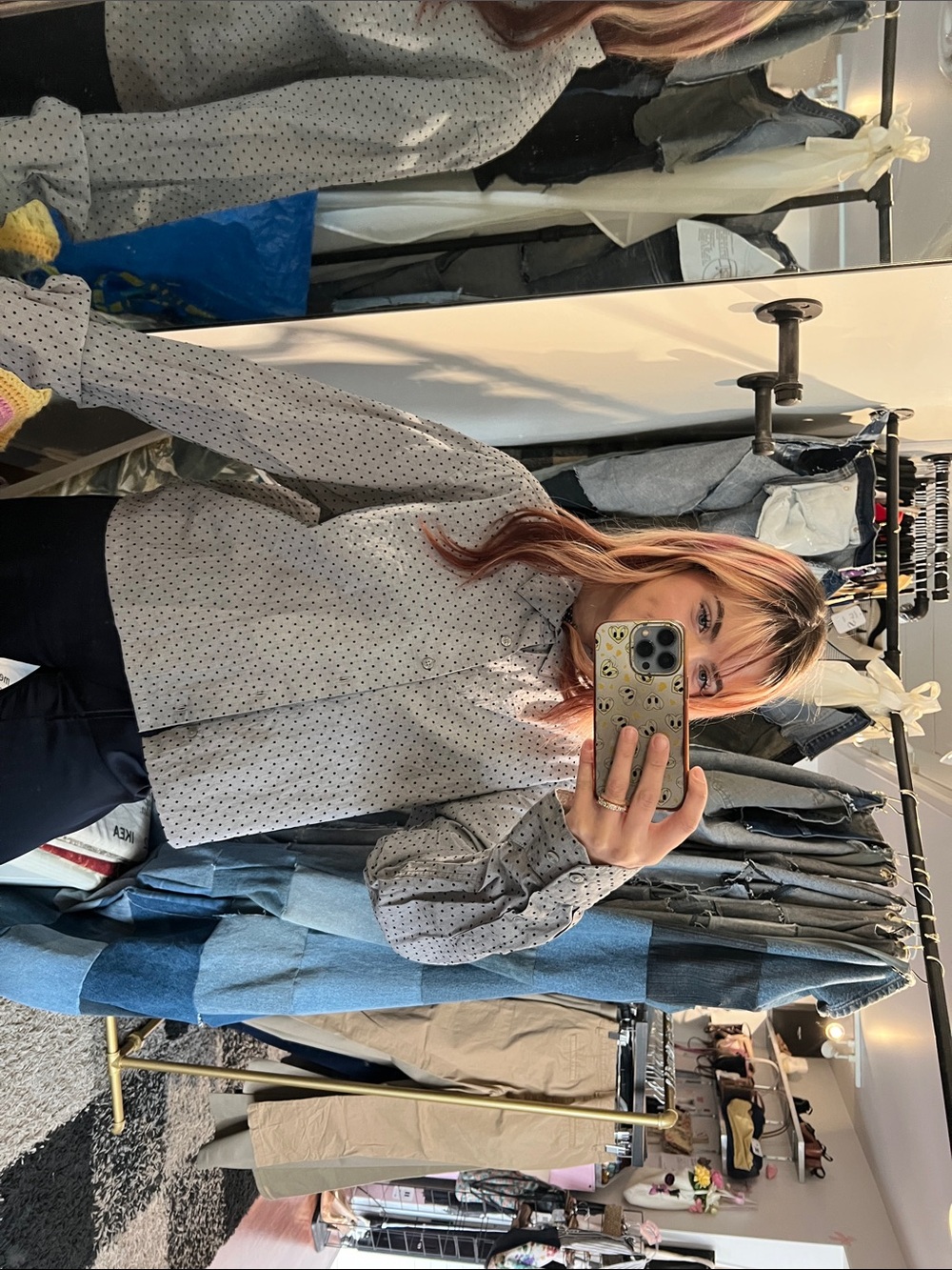 Gray Button-Up Shirt with Small Dot Print cropped hem polka dot print